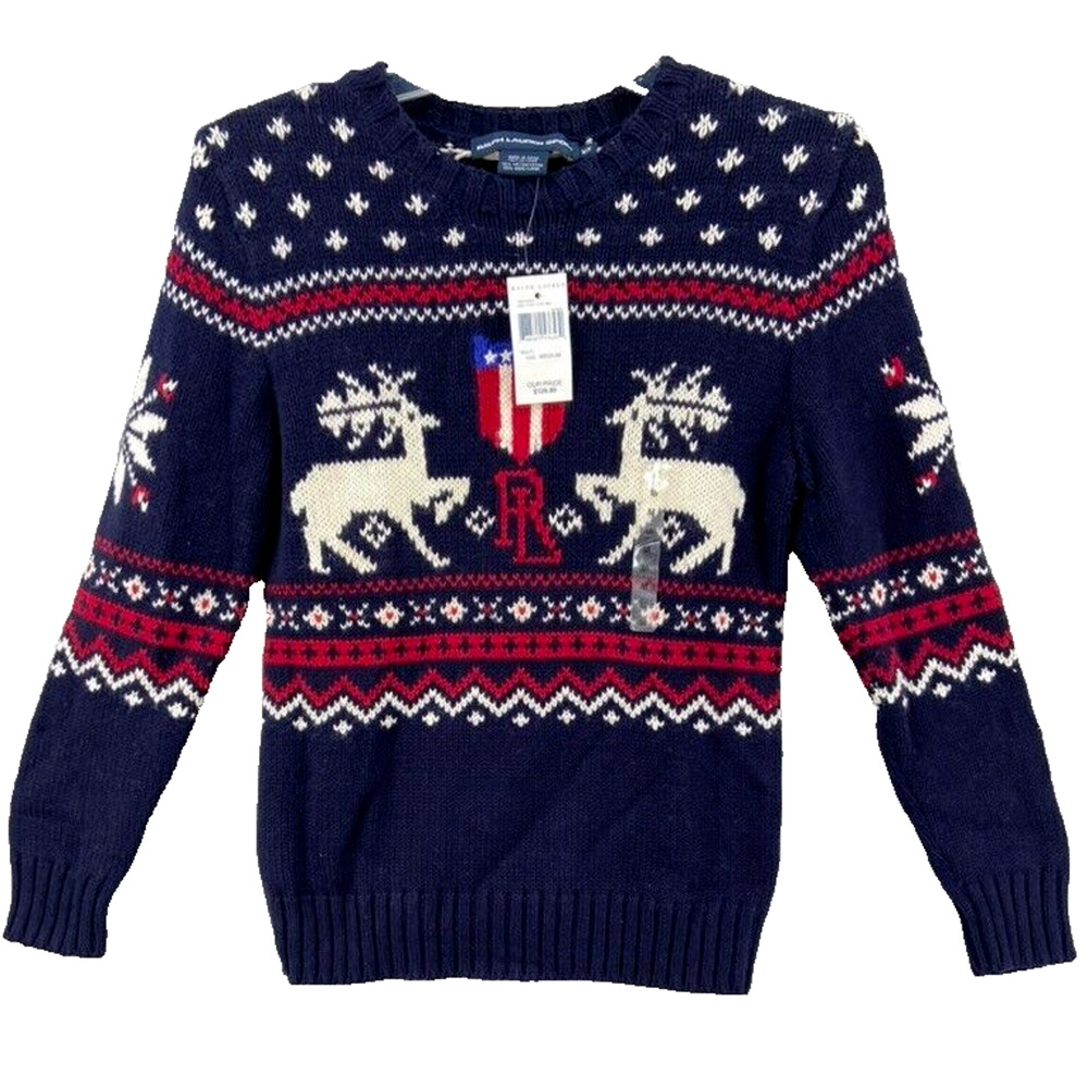 NWT Ralph Lauren Sport Sweater Sz‎ M VINTAGE Reindeer Snowflake Shield c. 1995